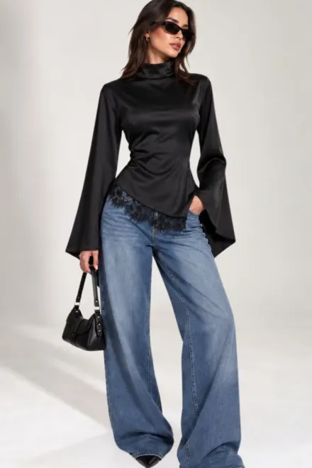 Bluza Asimetrica de Dama, din Satin, Accesorizata cu Dantela, Vivree, Negru
