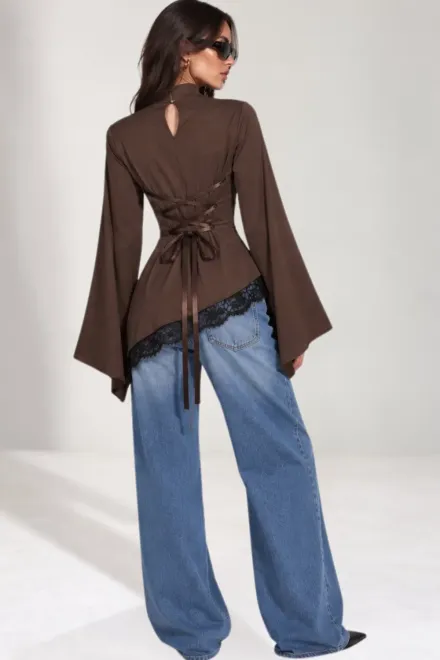 Bluza de Dama, din Lycra, Asimetrica, cu Snur Reglabil, Raven, Maro