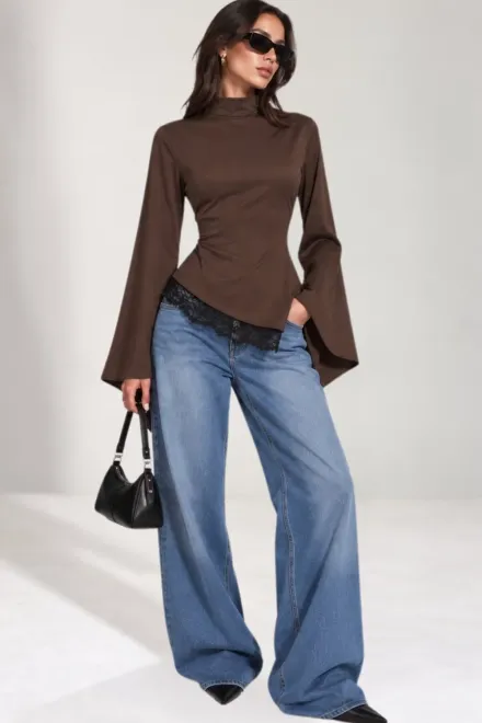 Bluza de Dama, din Lycra, Asimetrica, cu Snur Reglabil, Raven, Maro