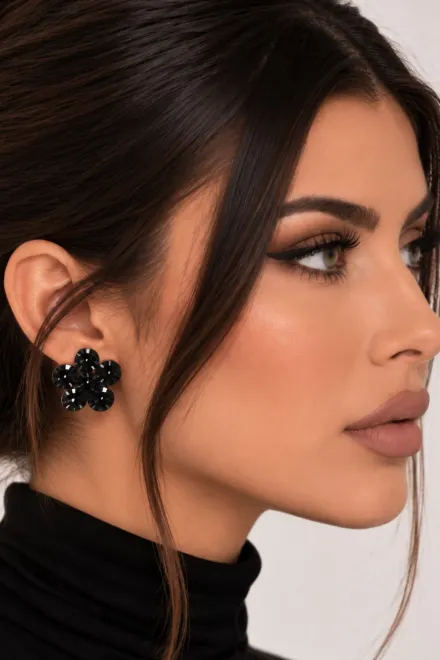 Cercei de Dama, Tip Floare, cu Cristale, Eclat, Negru