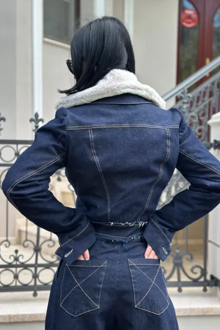Cojoc de Dama, Matlasat, din Denim, cu Guler din Blana Ecologica Detasabil, Supremme, Blue
