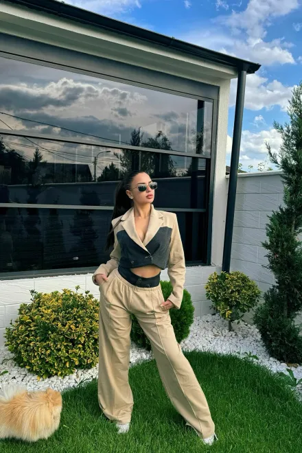 Compleu Casual, din Doua Piese, Combinat cu Blug, Sacou Scurt si Pantalon Lejer cu Talie Dubla, Pumma, Bej picture - 19