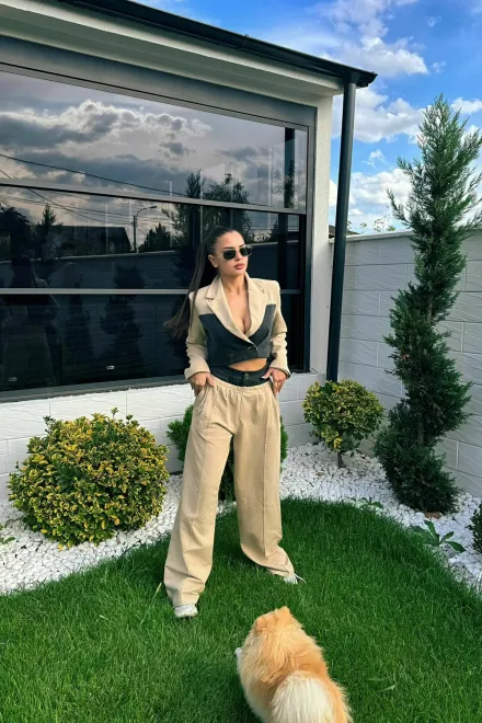 Compleu Casual, din Doua Piese, Combinat cu Blug, Sacou Scurt si Pantalon Lejer cu Talie Dubla, Pumma, Bej picture - 20