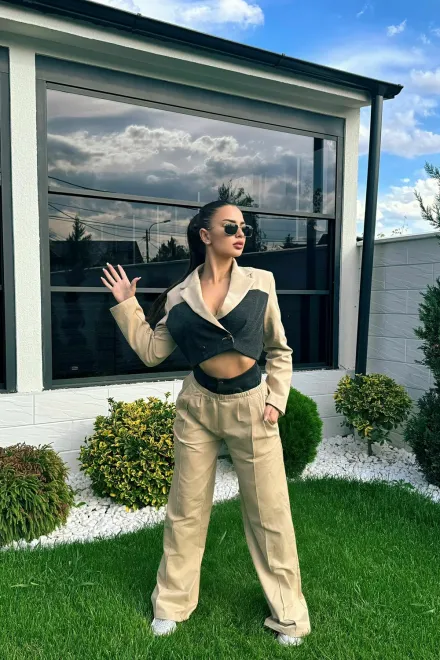 Compleu Casual, din Doua Piese, Combinat cu Blug, Sacou Scurt si Pantalon Lejer cu Talie Dubla, Pumma, Bej picture - 22