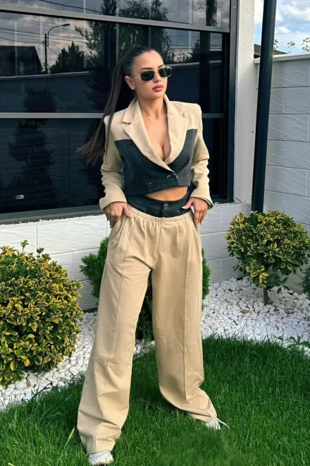 Compleu Casual, din Doua Piese, Combinat cu Blug, Sacou Scurt si Pantalon Lejer cu Talie Dubla, Pumma, Bej picture - 14