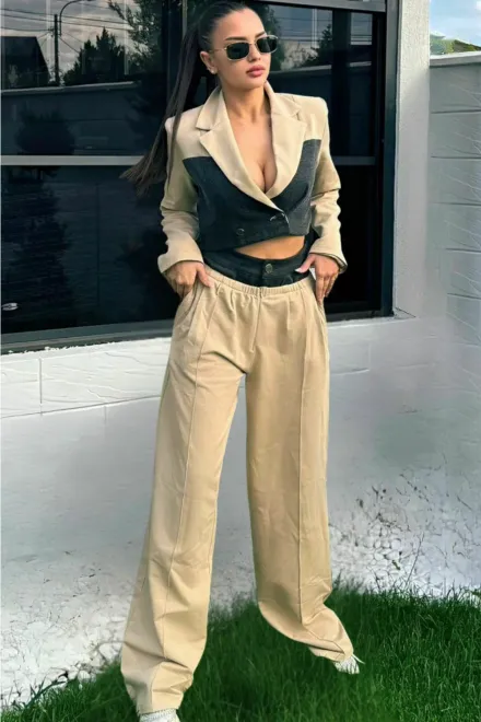 Compleu Casual, din Doua Piese, Combinat cu Blug, Sacou Scurt si Pantalon Lejer cu Talie Dubla, Pumma, Bej picture - 3