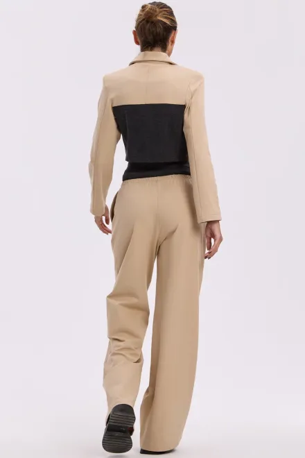 Compleu Casual, din Doua Piese, Combinat cu Blug, Sacou Scurt si Pantalon Lejer cu Talie Dubla, Pumma, Bej picture - 2