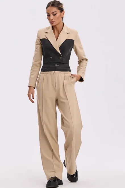 Compleu Casual, din Doua Piese, Combinat cu Blug, Sacou Scurt si Pantalon Lejer cu Talie Dubla, Pumma, Bej picture - 1