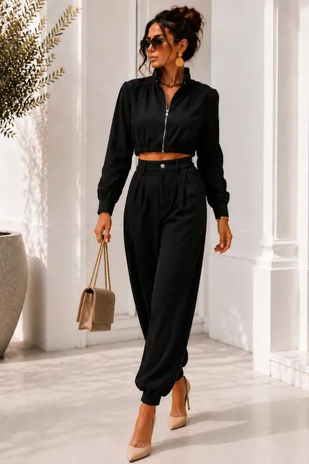 Compleu de Dama, din Bistrech, Doua Piese, Jacheta si Pantalon, Jacky, Negru