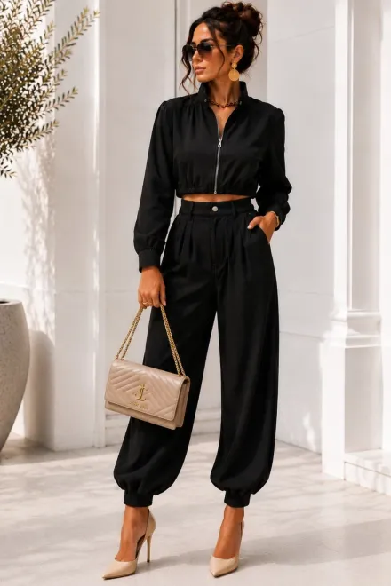 Compleu de Dama, din Bistrech, Doua Piese, Jacheta si Pantalon, Jacky, Negru