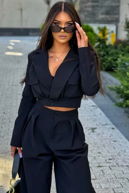 Compleu de Dama, din Bistrech, Doua Piese, Sacou Scurt si Pantalon Lung, Lejer, Zafferys, Negru