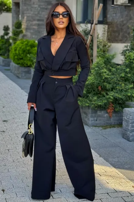Compleu de Dama, din Bistrech, Doua Piese, Sacou Scurt si Pantalon Lung, Lejer, Zafferys, Negru