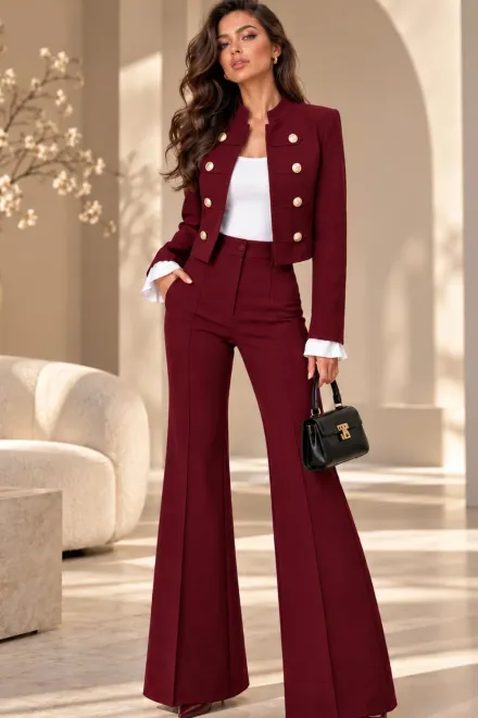 Compleu de Dama, din Bistrech, Jacheta si Pantaloni Evazati, Clarince, Grena