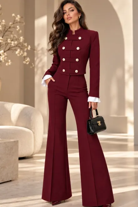 Compleu de Dama, din Bistrech, Jacheta si Pantaloni Evazati, Clarince, Grena