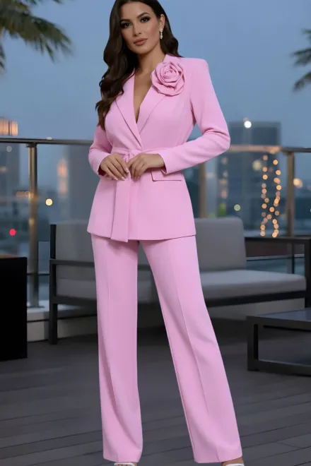 Compleu de Dama, din Bistrech, Sacou Accesorizat cu Floare si Pantalon Lung, Crystall, Roz