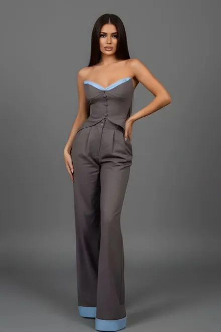 Compleu de Dama, din Bistrech, Top Scurt  si Pantalon Lejer, Althea, Gri