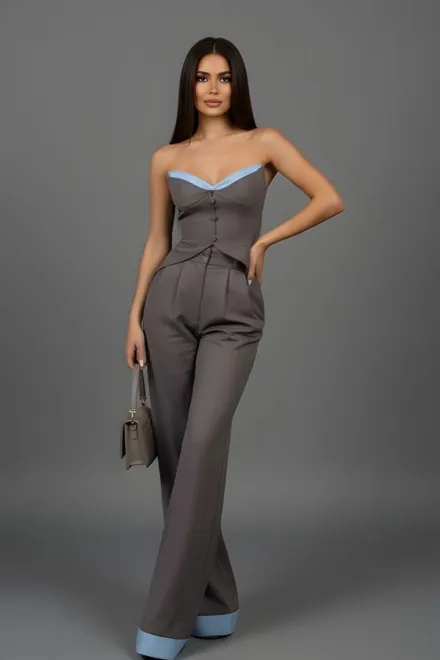 Compleu de Dama, din Bistrech, Top Scurt  si Pantalon Lejer, Althea, Gri