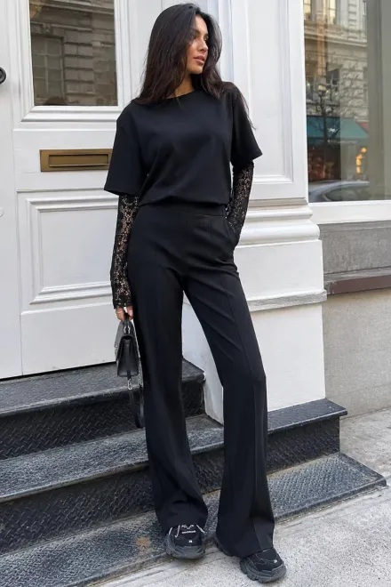 Compleu de Dama, din Bumbac, Doua Piese, Tricou cu Maneci din Dantela si Pantaloni cu Cusaturi Evidentiate, Zelyos, Negru