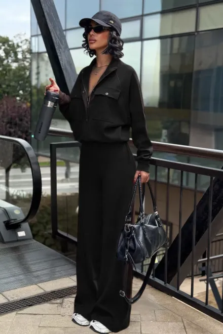 Compleu de Dama, din Bumbac, Jacheta cu Inchidere Capse si Pantalon Lung, Maryolla, Negru