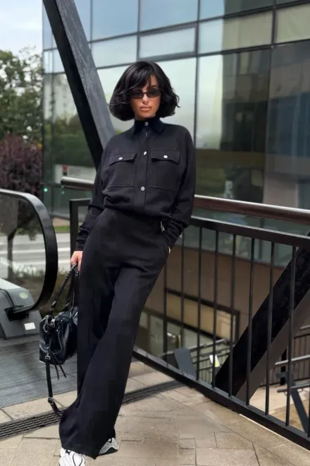 Compleu de Dama, din Bumbac, Jacheta cu Inchidere Capse si Pantalon Lung, Maryolla, Negru