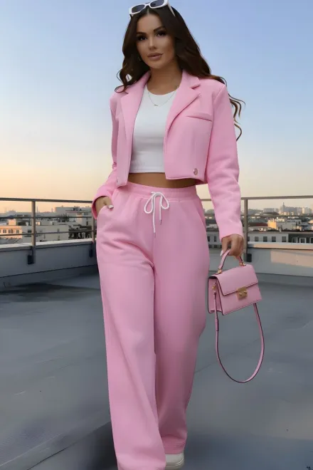 Compleu de Dama, din Bumbac, Sacou Sccurt si Pantalon cu Buzunare, Maryposse, Roz