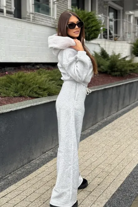 Compleu de Dama din Bumbac, Vatuit, Hanorac cu Blana Detasaila si Pantaloni Lejeri, Chicago, Gri