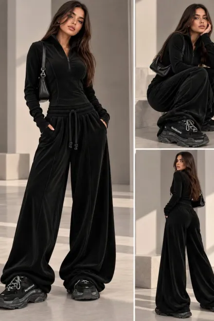 Compleu de Dama, din Catifea, Hanorac si Pantalon Lejer, Cargo, Negru