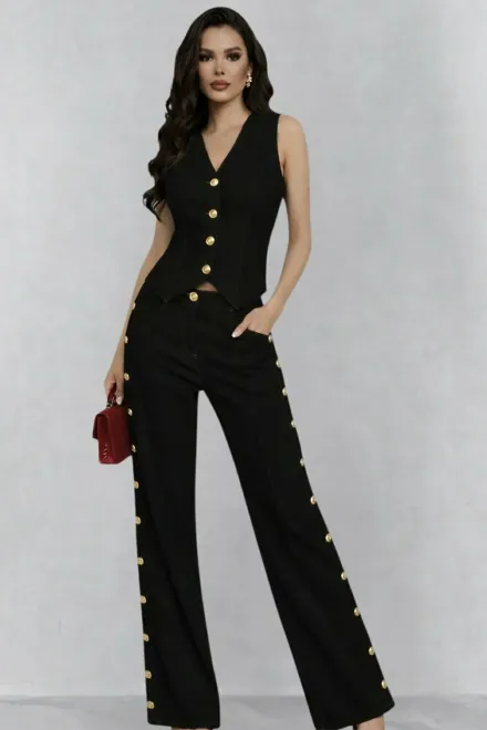 Compleu de Dama, din Denim, Doua Piese, Vesta si Pantalon Lejer, Kendall, Negru
