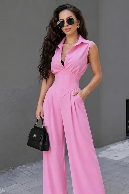 Compleu de Dama, din Doua Piese, Camasa cu Brau Tip Corset si Pantalon Lejer, Zalya, Roz Bon Bon