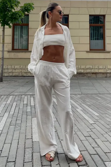 Compleu de Dama, din Doua Piese, Camasa si Pantalon Lejer cu Buzunare, Emiratte, Ivoire