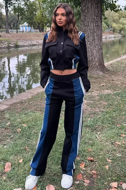 Compleu de Dama, din Doua Piese, cu Insertie de Blug si Dungi Albe in Contrast, Bellvedere, Negru
