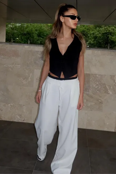 Compleu de Dama, din Doua Piese, Pantalon cu Betelie Dubla si Vesta, Hellyore, Alb-Negru picture - 4