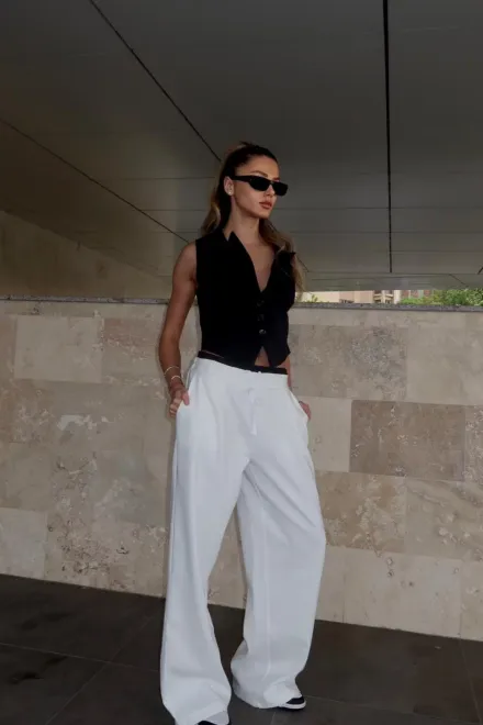 Compleu de Dama, din Doua Piese, Pantalon cu Betelie Dubla si Vesta, Hellyore, Alb-Negru picture - 8