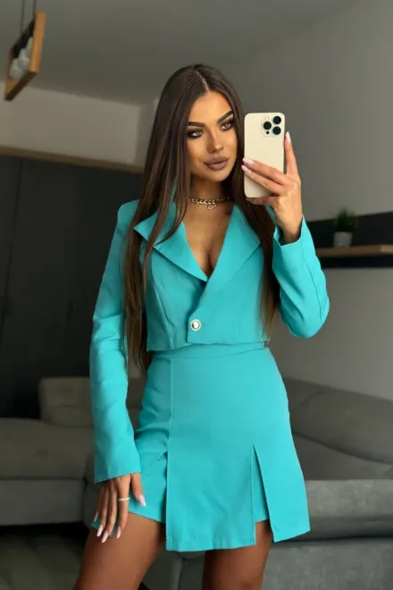 Compleu de Dama, din Doua Piese, Sacou Scurt si Fusta-Pantalon, Layla, Turqoise