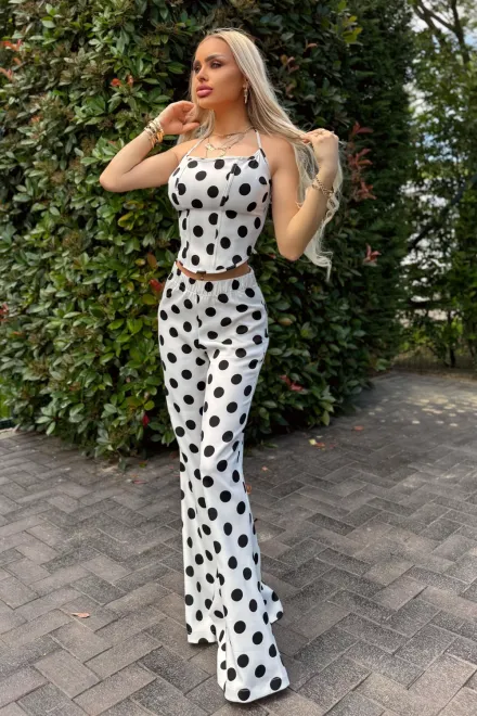 Compleu de Dama, din Doua Piese, Top cu Siret Reglabil si Pantalon Evazat cu Talie Inalta, cu Buline, Glossy, Alb