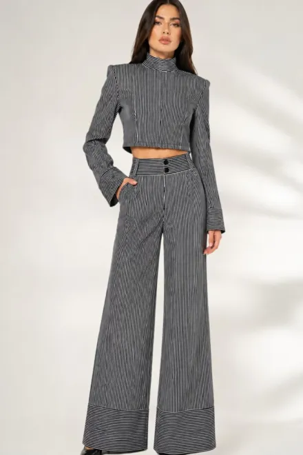 Compleu de Dama, din Doua Piese, Top si Pantalon cu Tiv Dublu, Mayorka, Alb-Negru