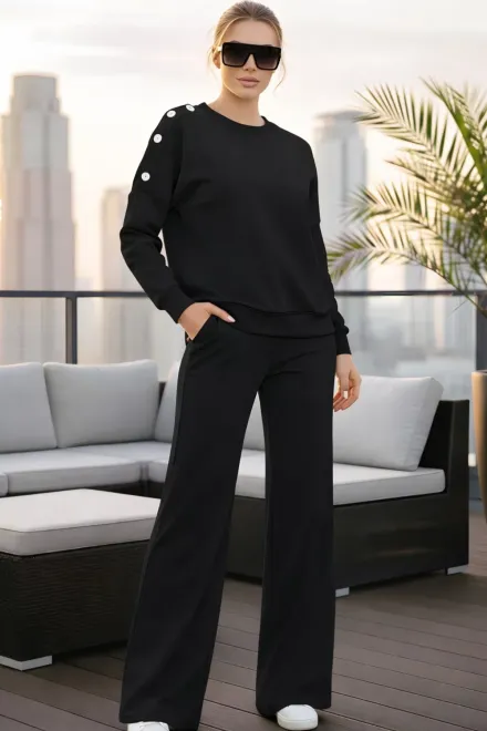 Compleu de Dama, Doua Piese, din Bumbac, Bluza Accesorizata cu Capse si Pantalon Lejer, Kallyes, Negru