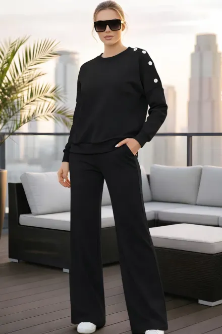 Compleu de Dama, Doua Piese, din Bumbac, Bluza Accesorizata cu Capse si Pantalon Lejer, Kallyes, Negru