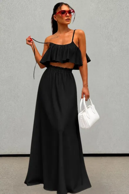 Compleu de Dama, Doua Piese, Fusta Lunga si Top din Tesatura Tip In, Zelyope, Negru
