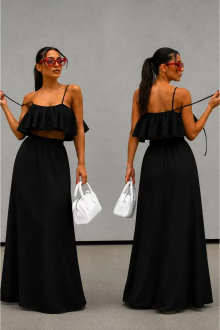 Compleu de Dama, Doua Piese, Fusta Lunga si Top din Tesatura Tip In, Zelyope, Negru