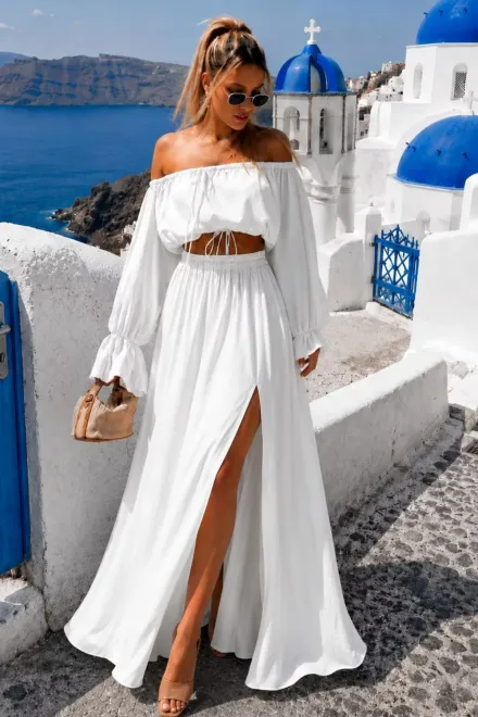  Compleu de Dama,  Fusta Lunga si Top cu Maneci Lungi, din Tesatura tip In, Casayte, Ivoire