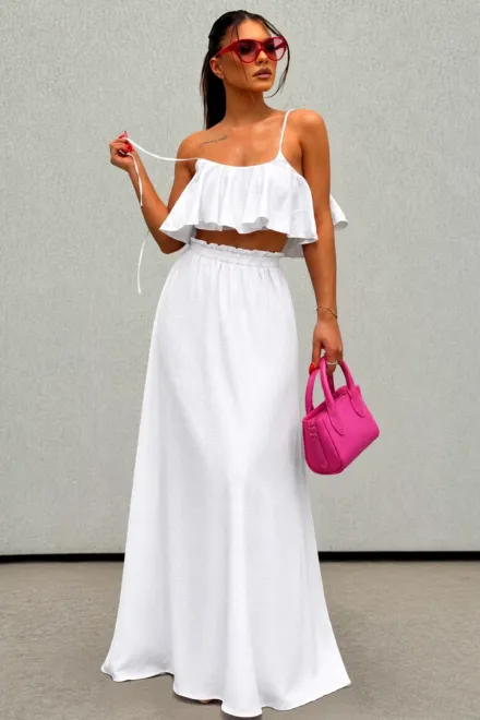 Compleu de Dama ,Tesatura tip In ,cu Top si Fusta , Vary, Alb