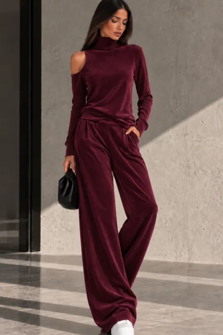 Compleu Lejer de Dama, din Catifea, Maleta si Pantaloni Lungi, Best, Burgundy