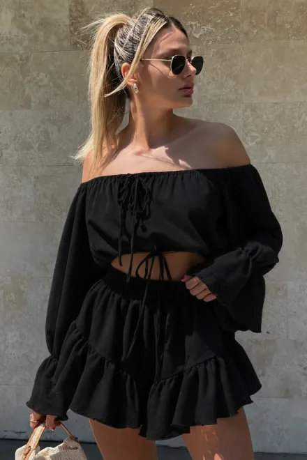 Compleu Lejer de Dama, din Tesatura Tip In, Top si Fusta Pantalon, Skiathos, Negru