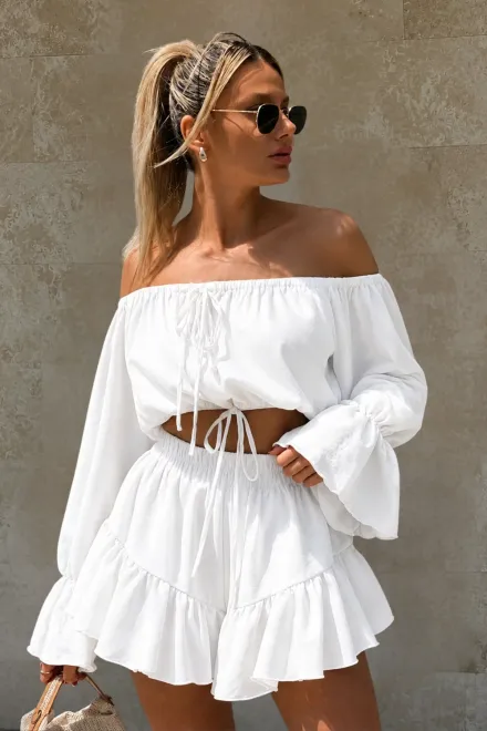 Compleu Lejer, din Tesatura Tip In, Top si Fusta Pantalon cu Volane, Arriana, Alb