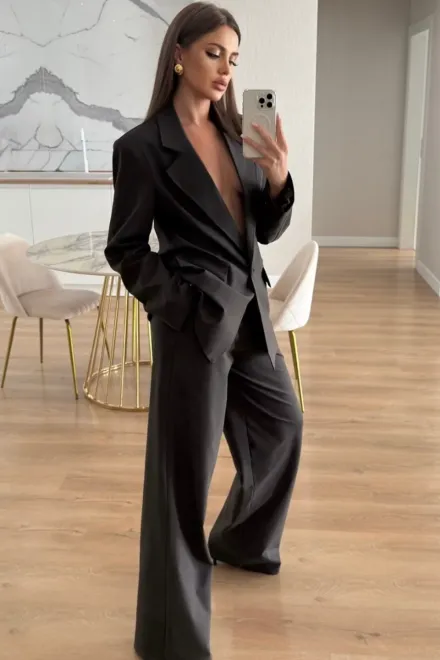 Costum de Dama, din Doua Piese, din Bistrech, Sacou si Pantalon Lejer, Capry, Maro Inchis