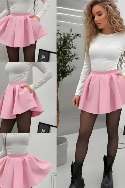 Fusta-Pantalon de Dama, Scurta, din Bistrech, cu Elastic in Talie, Elianna, Roz Bon-Bon