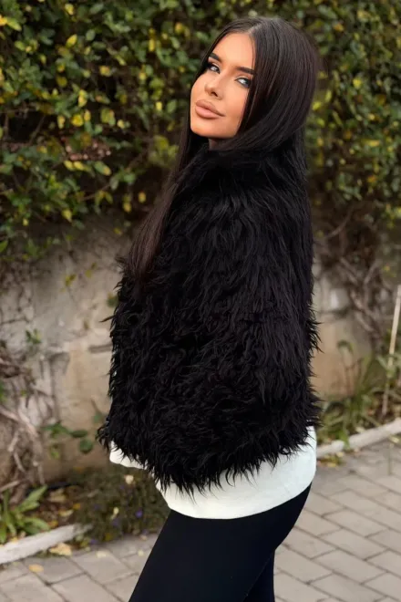 Haina de Dama ,cu Inchidere Fermoar ,din Blana Ecologica , Elyssia , Neagra