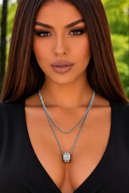 Lantisor Dublu, cu Pandantiv Stralucitor si Detalii Elegante, Selene, Argintiu