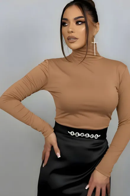 Maleta de Dama, din Lycra, cu Cret pe Umar si Maneci Lungi, Hauston, Maro Camel
